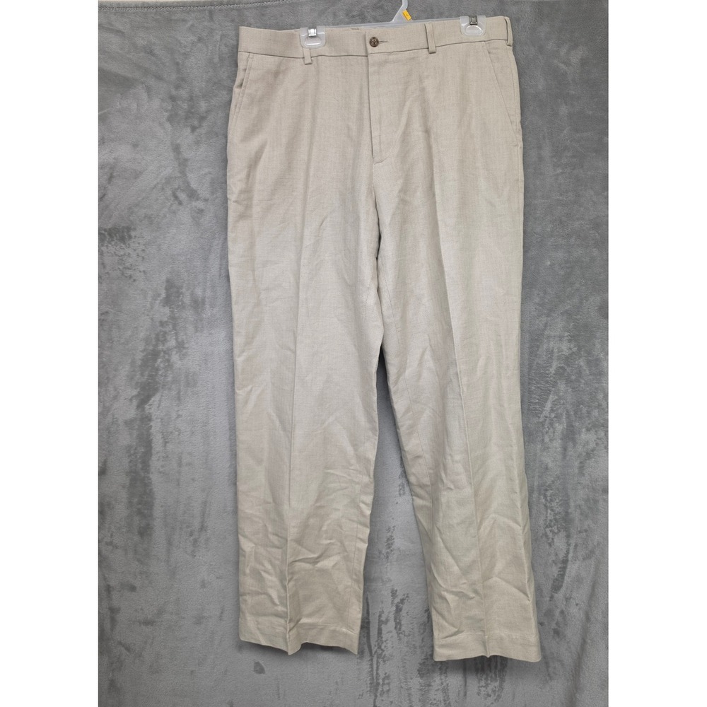 Perry Ellis Portfolio Mens Tan Herringbone Linen Cotton Dress Pants 36x32